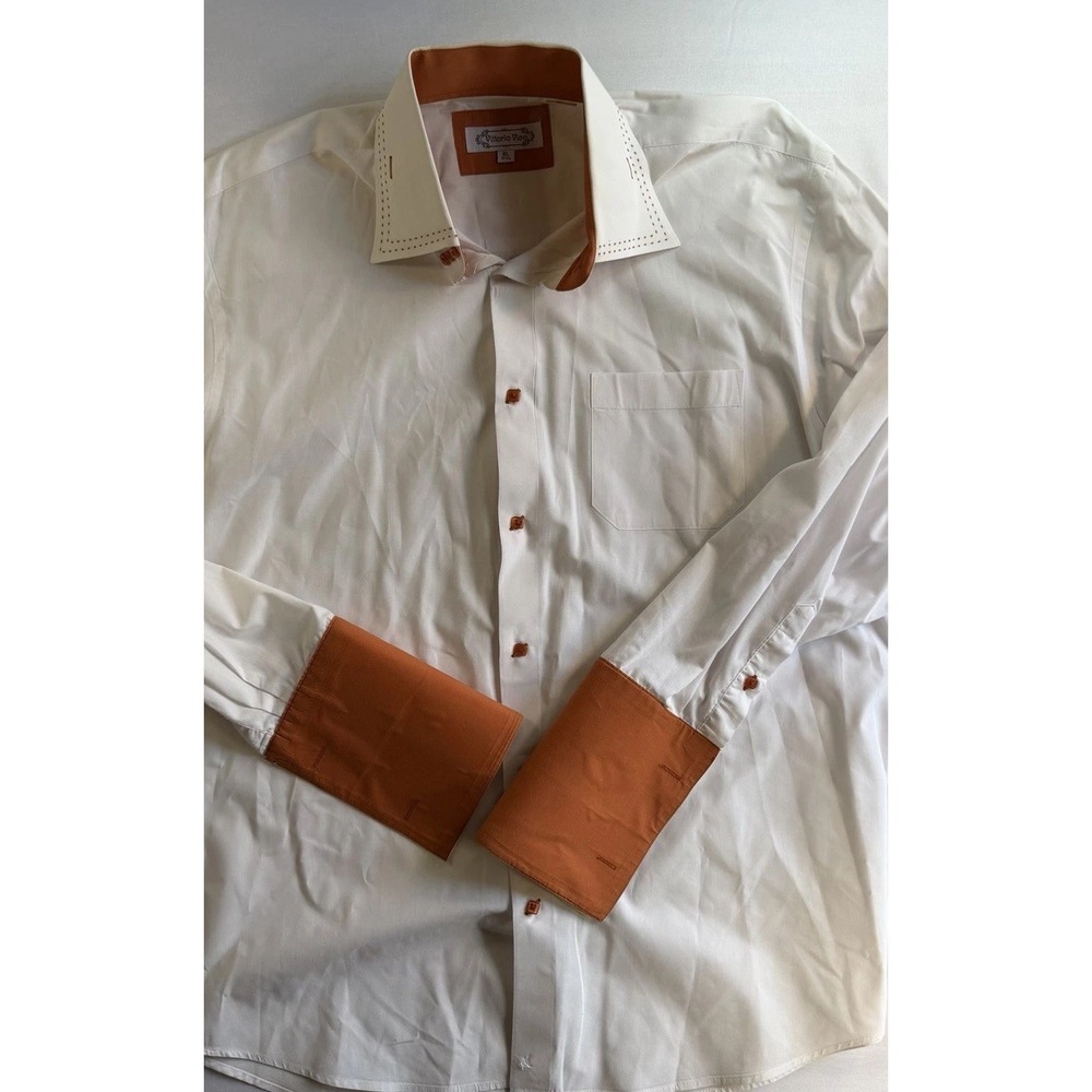 Vittorio Vico Men's XL 17 1/2 White/Brown Dress Shirt Contrast Collar Cuffs